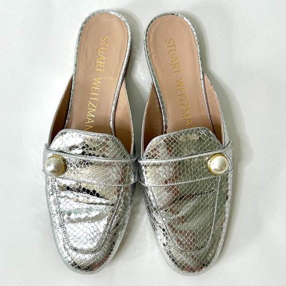 Stuart Weitzman Payson Pearl Slide Loafers in Silver Snake Size 7.5 - Picture 2 of 12